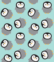 Vector seamless pattern of flat cartoon hand drawn penguin isolated on mint background