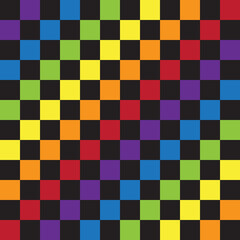 Vector seamless pattern of lgbt rainbow checkered chessboard texture isolated on black background