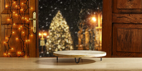 Desk of free space and christmas background. 