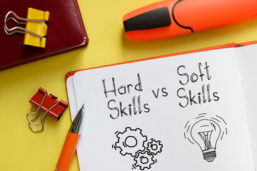 Hard Skills vs Soft Skills are shown on the business photo using the text