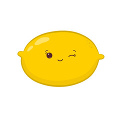 Cute yellow lemon in kawaii style isolated on white background. Character with happy and funny face. Vector illustration.