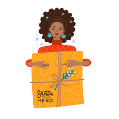 Cute smiling afro-amarican woman carrying christmas gift box. Happy young girl big present. Female cartoon character celebrating at Xmas. Flat vector illustration