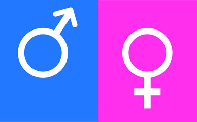 Male and female sign isolated on blue-pink background. Relationship between man and woman. Love and connection in marriage. Vector