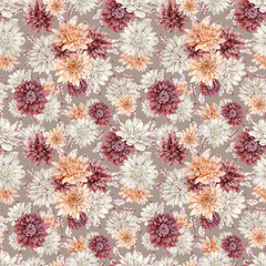 Watercolor background of crimson, white and orange asters and chrysanthemums. Fall flowers seamless pattern.