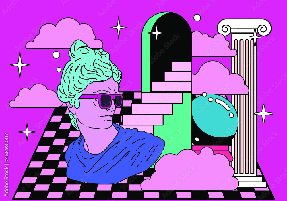 Poster Retro computer interface with many open tabs and window boxes and bust sculpture. Vaporwave style vector illustration.