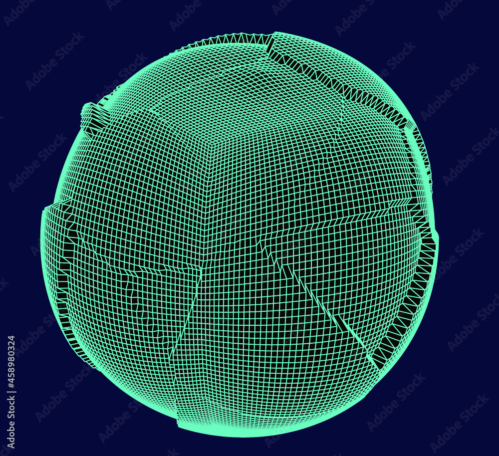 Poster Glitched and distorted 3D sphere wireframe. Abstract geometric vector illustration. 