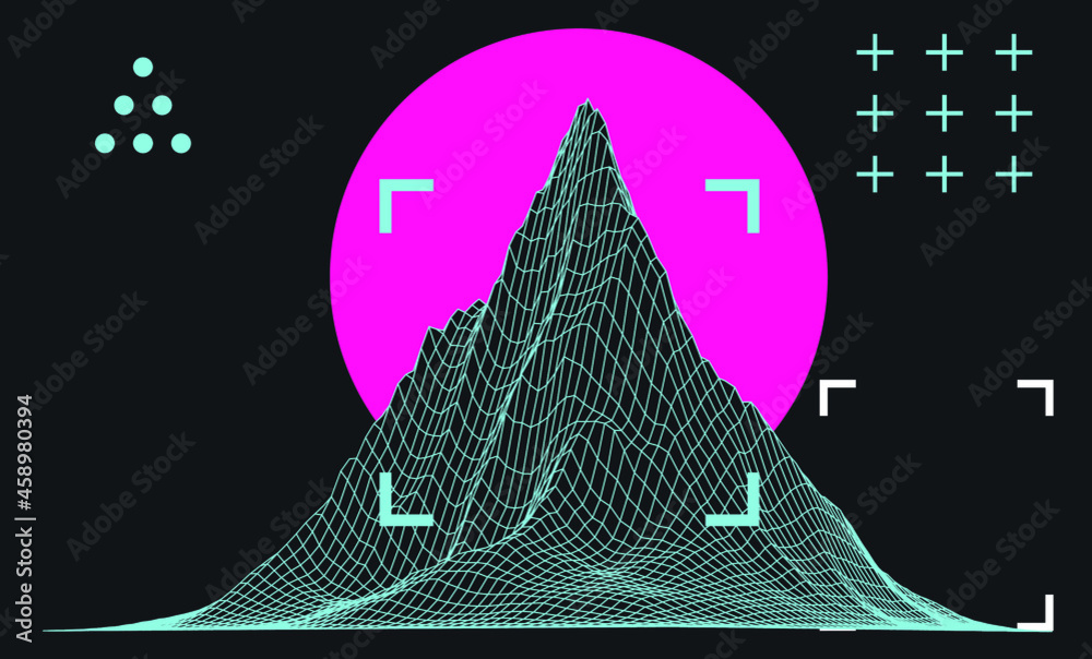 Poster 3D polygonal mountain landscape in retrofuturistic style. Concept of data visualization and  machine learning.
