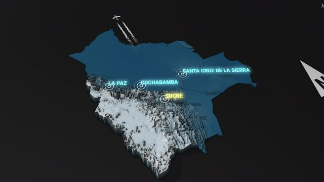 Seamless looping animation of the 3d terrain map at nighttime of Bolivia with the capital and the biggest cites in 4K resolution