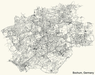 Detailed navigation urban street roads map on vintage beige background of the German regional capital city of Bochum, Germany