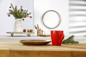 Desk of free space and mug with hot drink 