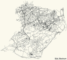 Fototapeta na wymiar Detailed navigation urban street roads map on vintage beige background of the quarter Bochum-Süd district of the German regional capital city of Bochum, Germany