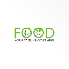 Letter or word FOOD sans serif font with Leaves, Spoon, dinner fork and knife image graphic icon logo design abstract concept vector stock. Can be used as a symbol related to Vegan.