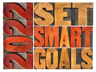 2022 set smart goals  concept - isolated word abstract in vintage letterpress wood type, goal setting for New Year