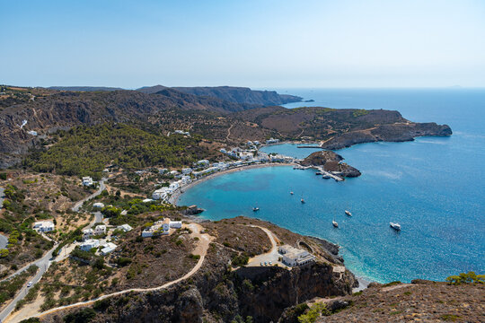 Kapsali village and beach view from the top of Castle of Chora (Fortezza), Kythera island, Greece
