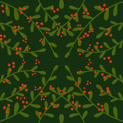 Christmas square background of leaves and berries branches on green background. Design for winter holidays greeting background or wrapping papers etc.