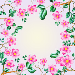 Spring, Easter feminine scene floral composition. Round frame wreath pattern made of pink Japanese cherry blossoms. White background. Flat lay, top view.