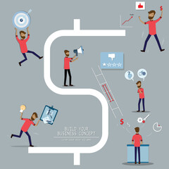 Flat of business concept,Various action of young man on huge s text - vector