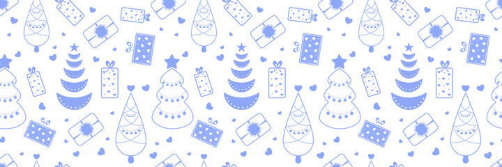 Fototapeta na wymiar pattern with snowflakes, winter pattern, blue background with gifts for new year and christmas, minimalism icons