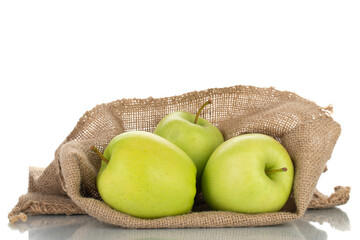 Three ripe green apples with a bag of jute, close-up, isolated on white.