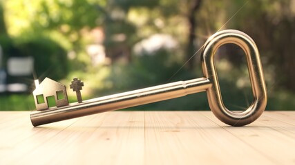 Key handover. Golden key shaped like a house. 