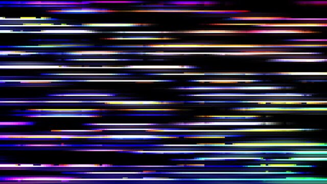 Colorful pixelated glitch streaks, abstract background animation 
