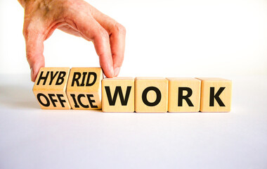 Hybrid or office work symbol. Businessman turns cubes and changes words 'office work' to 'hybrid work'. Beautiful white background. Business, hybrid or office working concept, copy space. - obrazy, fototapety, plakaty