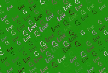 Light Pink, Green vector background with Shining hearts.