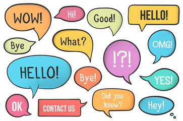 Set of colored hand drawn speech bubbles with different phrases