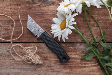 Florist workplace: chamomile flowers and a knife on an old wooden table