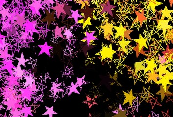 Dark Pink, Yellow vector layout with bright snowflakes, stars.
