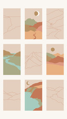 Set of nine beautiful vertical abstract minimal landscapes, backgrounds or card templates in modern colors, in popular art style