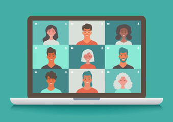 Virtual meeting and learning via teleconference. People getting together through video call application. Online communication concept vector illustration