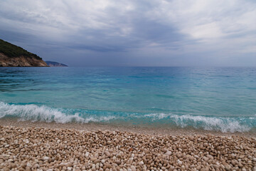 Fototapeta na wymiar Dark stormy dramatic sky over Ionian sea. Myrtos Beach, Cephalonia island, Greece, Europe.