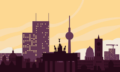 Berlin city landscape sights on the background of the dawn sky. Color vector illustration of flat style. - obrazy, fototapety, plakaty