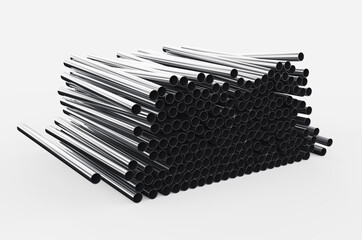 Close-up of metal pipes on a white background. A pile of iron pipes isolated on a white background. 3d render illustration