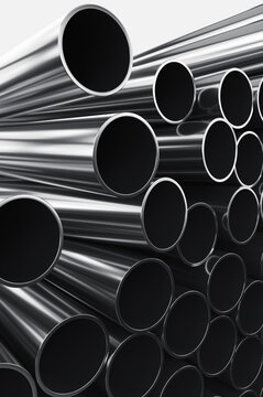 Close-up of metal pipes on a white background. A pile of iron pipes isolated on a white background. 3d render illustration