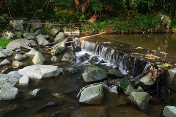 Juhyne. Early evening at the river threshold with rapids. East Moravia. Czechia. Europe.