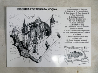 The plan of the fortified ensemble of the medieval church Mosna, Transylvania, Romania