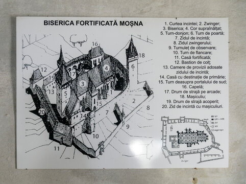 The plan of the fortified ensemble of the medieval church Mosna, Transylvania, Romania