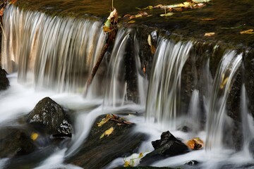 Fototapeta premium Juhyne. Early evening. Water overflow on the weir. East Moravia. Czechia. Europe