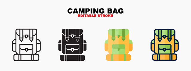 Camping Bag icon symbol set of outline, solid, flat and filled outline style. Isolated on white background. Editable stroke. Can be used for web, mobile, ui and more.