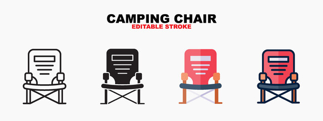 Camping Chair icon symbol set of outline, solid, flat and filled outline style. Isolated on white background. Editable stroke. Can be used for web, mobile, ui and more.