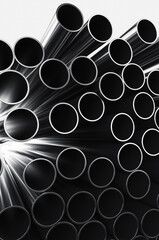 Close-up of metal pipes on a white background. A pile of iron pipes isolated on a white background. 3d render illustration