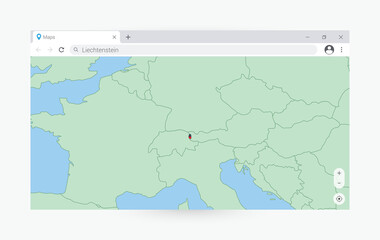 Browser window with map of Liechtenstein, searching  Liechtenstein in internet. - obrazy, fototapety, plakaty