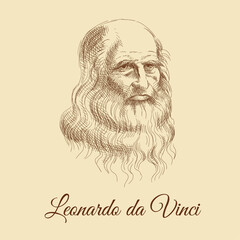 Sketch portrait of Leonardo da Vinci. Self-portrait of the artist in charcoal on paper. Vintage brown and beige card, hand-drawn, vector. Old design. Line graphics.