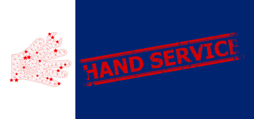 Mesh repair service hand polygonal icon vector illustration, and red HAND SERVICE dirty stamp print. Model is created from repair service hand flat icon, with stars and polygonal mesh.