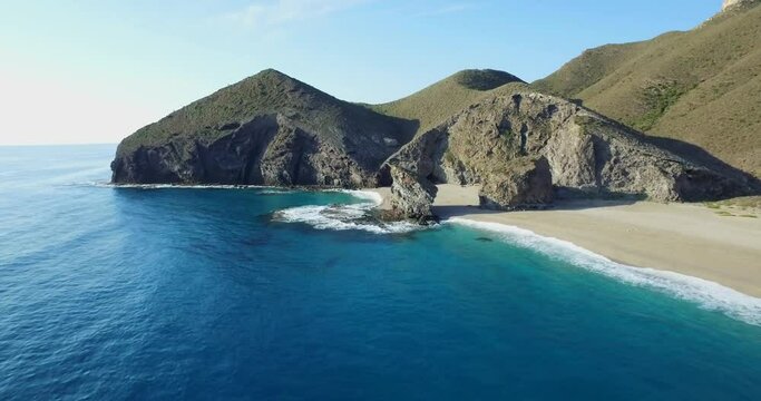 Aerial footage of andalusian beach landscape at Playa de los Muertos, Carboneras, Almer&iacute;a, Spain