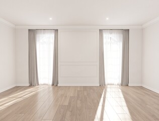The classic white room has two windows and white curtains and wooden floors on sunny days.