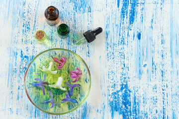 Blue white and pink flowers of hyacinth in a ceramic bowl with essential oil dropper, and bottlle on background.