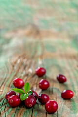 Fresh cranberries fruits on old green wooden background and daylight.